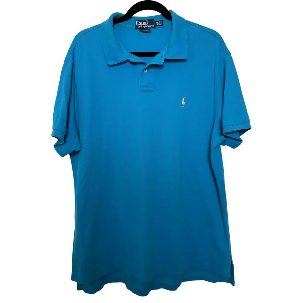 Polo Ralph Lauren Blue Custom Fit Mesh Polo Yellow Logo XXL Preppy Classic